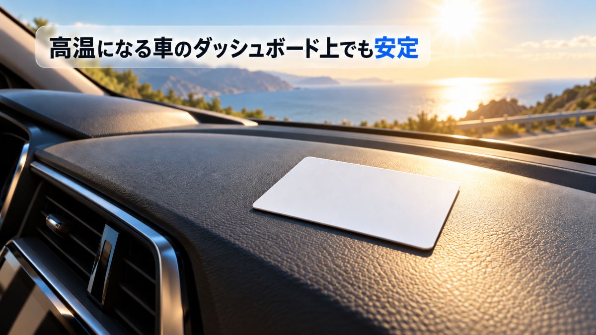 高温になる車のダッシュボード上でも安定するポリカーボネート製ICカード